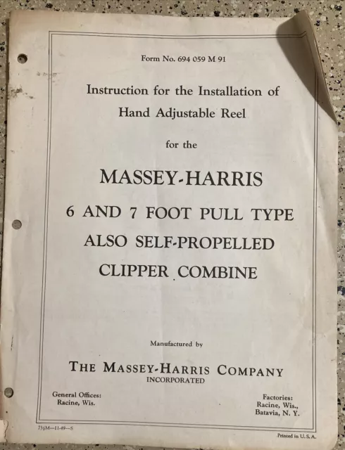 Massey Harris Instructions Installation Hand Adjutable Reel 6/7' Clipper Combin