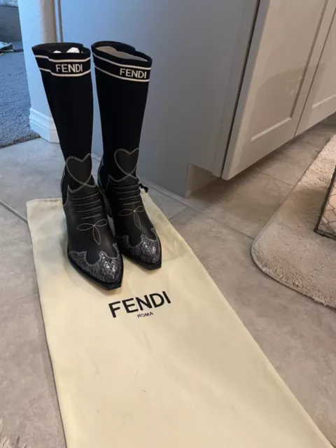 New Authentic Fendi cowboy ankle boot sock w/snakeskin Retail$995