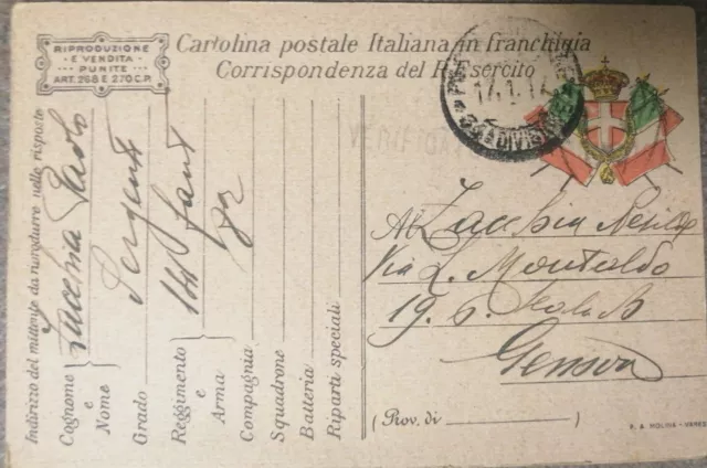 Cartolina Postale italiana in franchigia Corrispondenza del Regio Esercito 1914