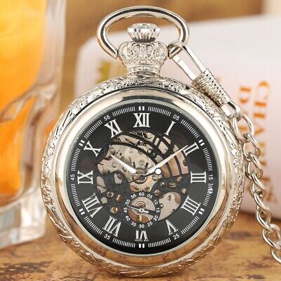 Men's Bronze Mechanical Pocket Watch Open Face with Pendant Chain Skeleton Dial
