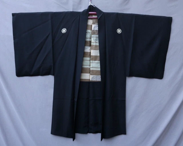 Vintage Japanese Kimono Mens Family Crest Habutae Haori Black Silk Mid Length