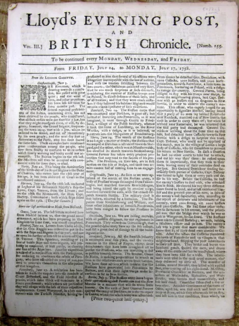 1758 French & Indian War newspaper w THE SIEGE OF LOUISBURG Cape Breton CANADA