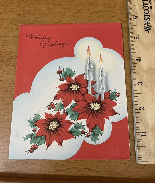 VINTAGE CHRISTMAS CARD MCM mid century greetings poinsettia flowers and