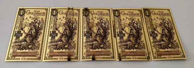 Lot Of 5 - 1 Utah Goldback Gold Foil Note 1/1000 oz 24KT 999 Gold 2022
