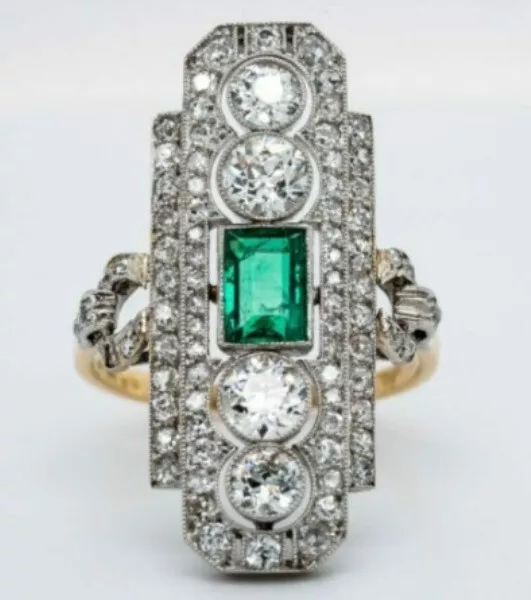 14K Yellow Gold Over Lab-Created Emerald & Diamond Vintage Art Deco Antique Ring