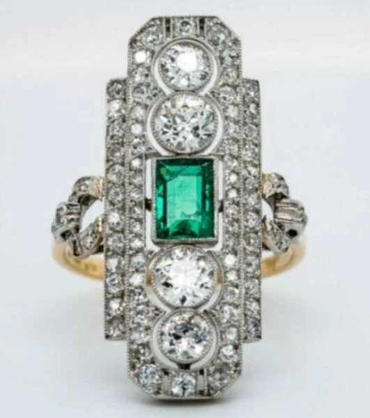 14K Yellow Gold Over Lab-Created Emerald & Diamond Vintage Art Deco Antique Ring