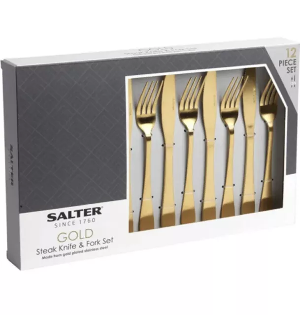 Salter 12-Piece Steak Knife and Fork Set | Stainless Steel | Gold Plated