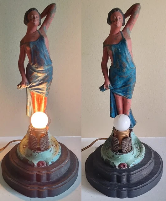 Antique Art Nouveau A. Lesueur Metal Boudoir Lamp French Femme Fatale Risque