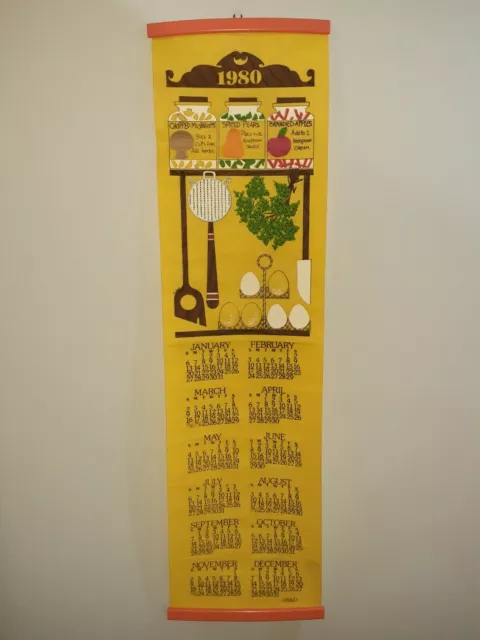 1980 Calendar Wall Hanging Vintage Yellow  Kitchen Utensils Eggs And Condiments