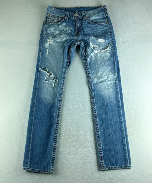True Religion Mens Jeans Blue Tag Size 32 (33x33) Skinny Distressed Denim
