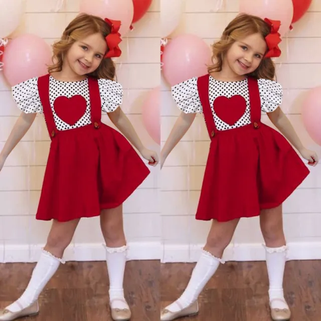 Toddler Kids Girls Valentine's Day Tops Suspenders Skirts Princess Outfits Set