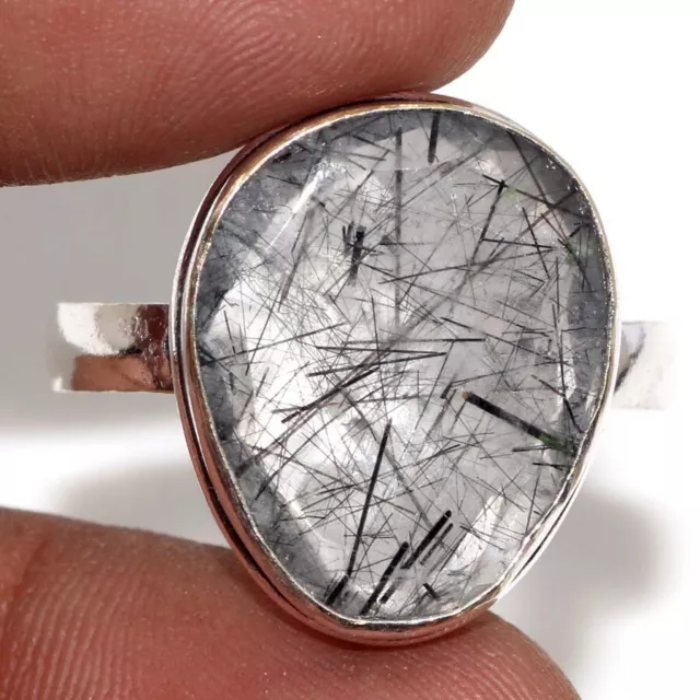 925 Silver Plated-Natural Black Rutile Ethnic Ring Jewelry US Size-13 AU q988
