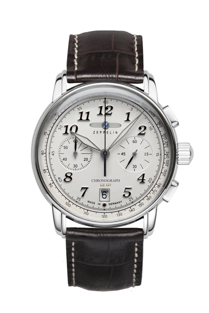 Orologio Zeppelin LZ127 Graf Quarzo Cronograph Acciaio Bianco Pelle 8674-1