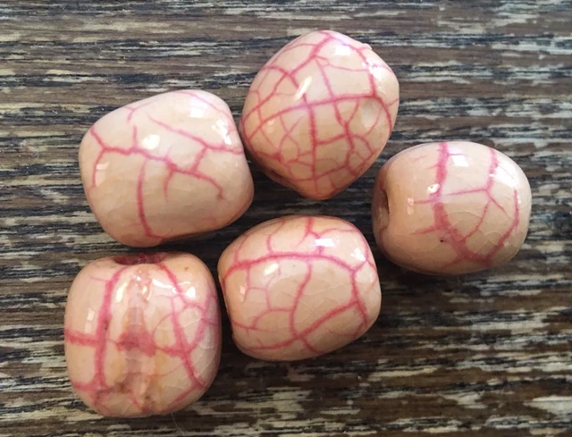 Vintage Peach w Pink Vein Crackle Look Glazed Ceramic Barrel Pitted Bead Lot