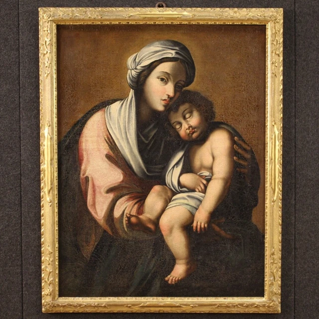 Cuadro religioso Virgen con nino siglo XVIII pintura oleo sobre lienzo marco