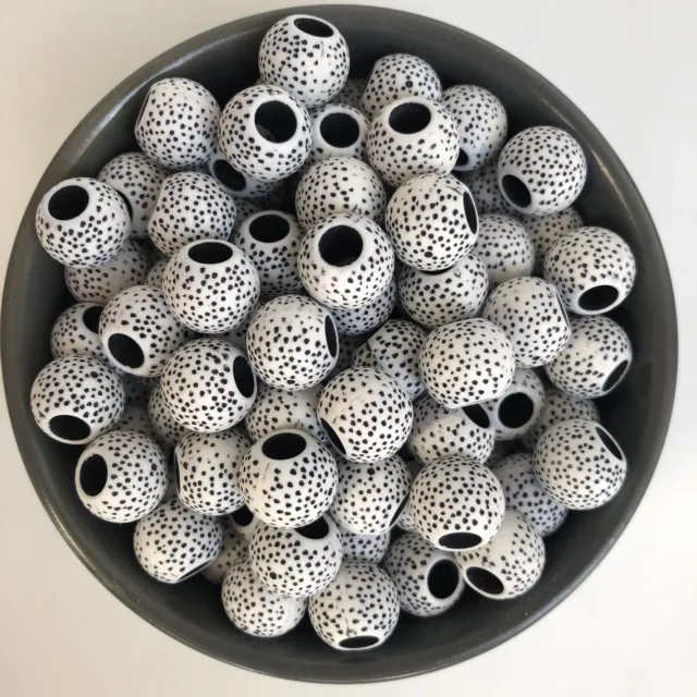 20X Black and White Macrame Beads 13.5x11.5mm Round Resin Bodhi Bead 6mm Hole