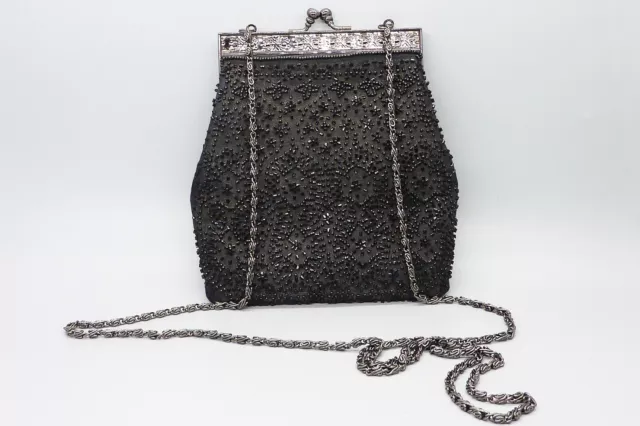 Black Formal Bag Clutch Purse Beaded Kiss Lock Clasp