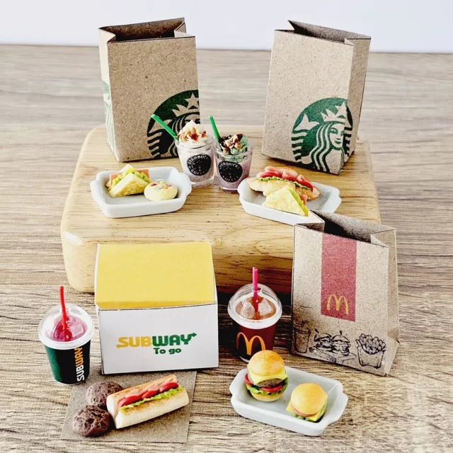 Dollhouse Miniature Clay fastfood hamburger coffee starbucks 1:12 handmade bags