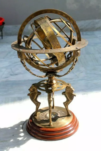 Grande Armillary Globe Latón 18" Astrolabio Zodiaco Grabado Madera Base