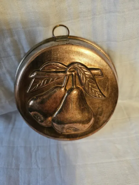 Vintage five inch Round Copper Color Pears Tin Mold with hanger for Wall Decor