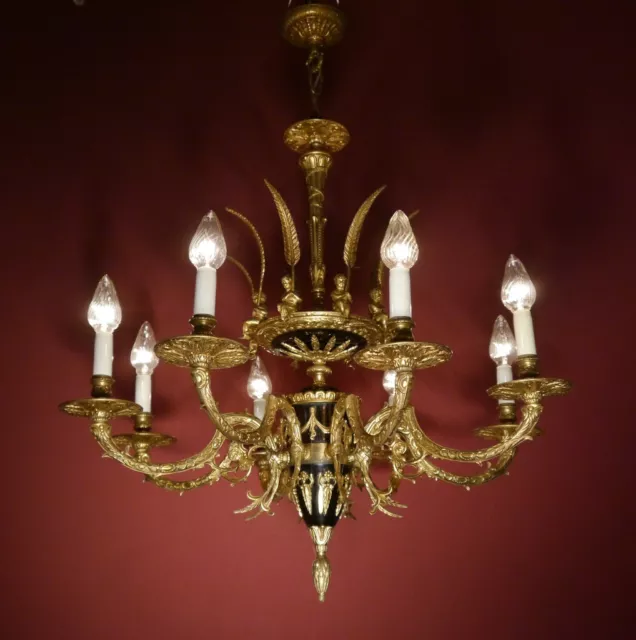 Fine 8 Light Empire Cherubs Brass French Black Varnish Chandelier Lamp Ø 28" Fine 8 Light Empire Cherubs Brass French Black Varnish Chandelier Lamp Ø 28"