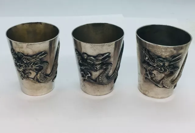 Chinese Export CJ Co Antique Set Of 3 Sterling Silver Dragon Shot Cups
