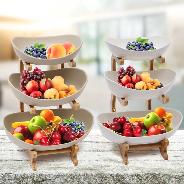 3-Layer Ceramic Fruit Trays Bamboo Basket Kitchen Storage Stand Bowl Holder Rack