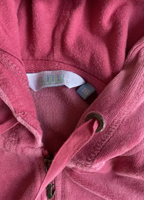 Tilii kids girls teen size 16 pink velour zip up hooded jumper pockets, GUC 3