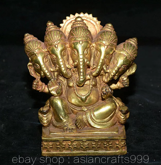 5.8" Tibet Buddhismus Kupfer Vergoldet 5 Kopf Ganesha Elefant Gott Buddha Statue