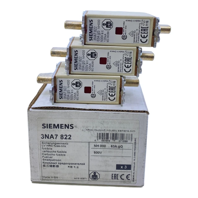 Siemens 3NA7822 Nh-Fusible 63A 500V AC 120kA Ve :3 Pièces
