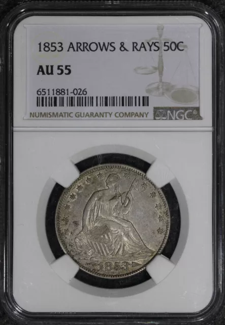 1853 (AU55) (Arrows and Rays) Seated Liberty Half Dollar 50c NGC