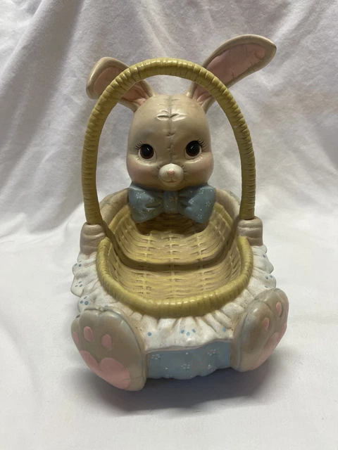 Plato de caramelo de cerámica de huevo de Pascua canasta conejo conejo 10"" vintage
