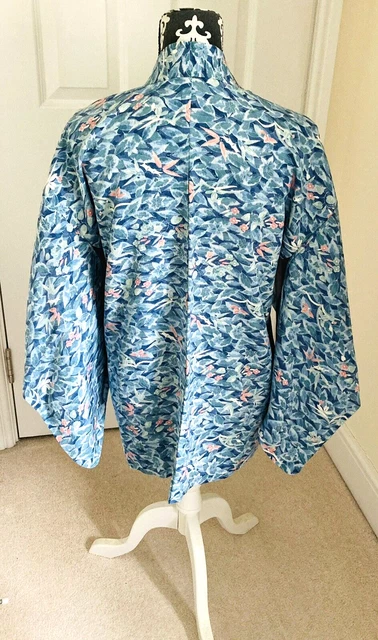 Giacca Kimono Haori Fab Vintage Giapponese Blues/Rosa Crepe ""Fiori e foglie"" S/M