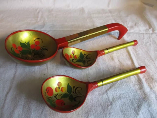 Vintage Russian Khokhloma Wooden Ladle & 2 Spoons Red Gold Made in USSR