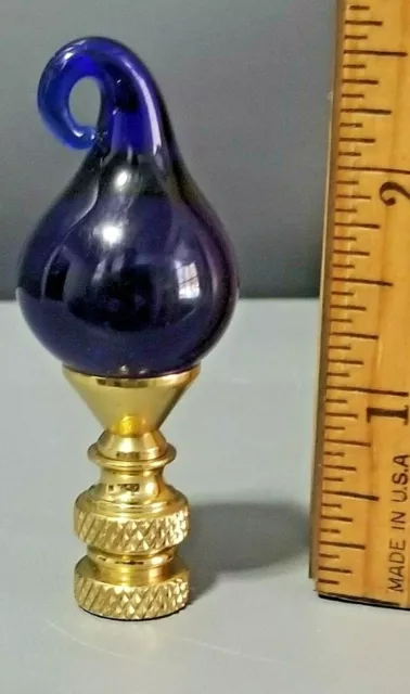 Cobalt Blue Drop Abstract Art Glass  Brass Base Lamp Finial 2.5'' High #DA1