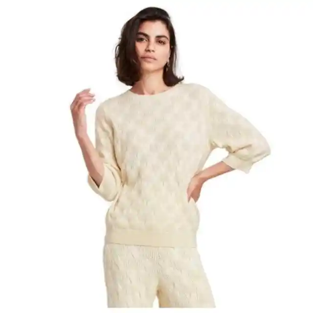 Rachel Comey Target Wool Cream Cable Knit Crewneck 3/4 Sleeve Sweater XL