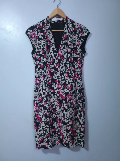 Trina Turk Dress Womens 8 Black Pink White Leopard Print Silk Stretch Faux Wrap