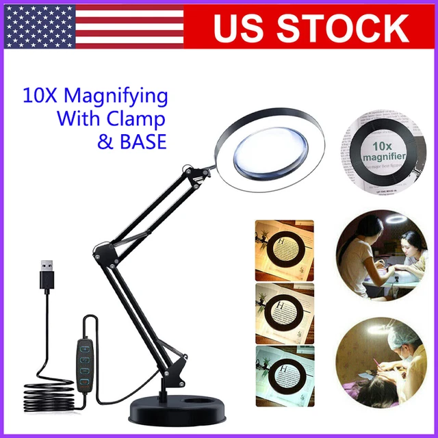 10X Magnifying Glass Desk Light Magnifier Reading Lamp LED Lamp With Base& Clamp