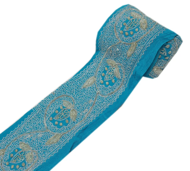 Sushila Vintage Blue Saree Border Indian Craft Sewing Trim Embroidered Ribbon