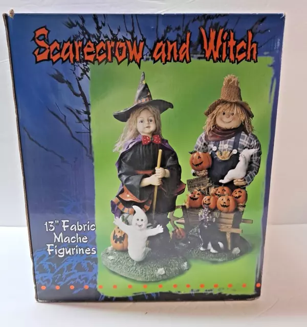 Halloween Scarecrow & Witch 13" Fabric Mache & Polyresin Figurines Original Box