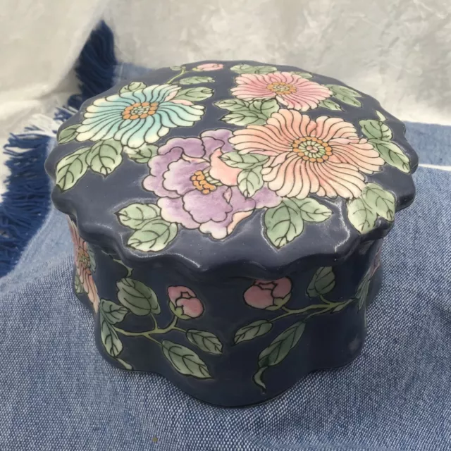 Vintage Chinese Porcelain Trinket Box. Blue. Enamelled Floral Imari Pattern.