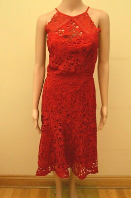 New Lipsy VIP Lace Embroidered Berry Red Midi Dress Sz UK 12