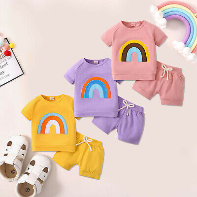 Toddler Kids Baby Girls Summer Rainbow T shirt Tops+Solid Shorts Outfits Set