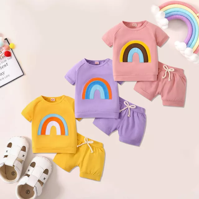 Toddler Kids Baby Girls Summer Rainbow T shirt Tops+Solid Shorts Outfits Set