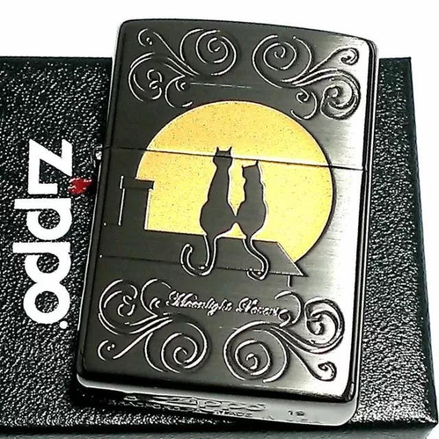 Zippo Oil Lighter Cat And Moon Design Black Gold Etching NEW From Japan