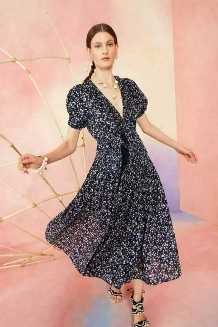 Ulla Johnson Kemala Wrap Midi Dress Floral Printed Cotton Resort XS New 252806