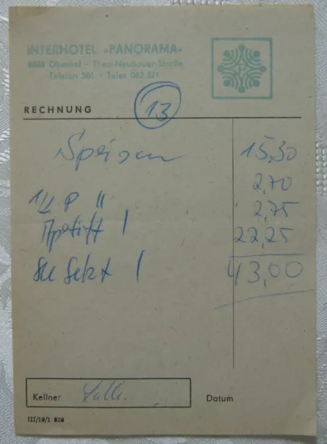 Interhotel Panorama Oberhof Rechnung Ca. 1968