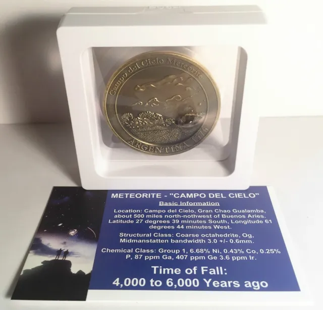 "RARE" Meteorite Medallion/Coin 45mm with Info/Cert and Display Stand Gold Antiq