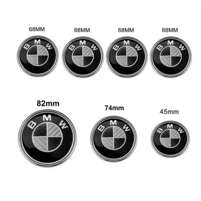 7  LOGO Emblème BMW Noir Gri Capot 82mm + Coffre 74mm +Volant+ 4cache moyeu 68mm 2