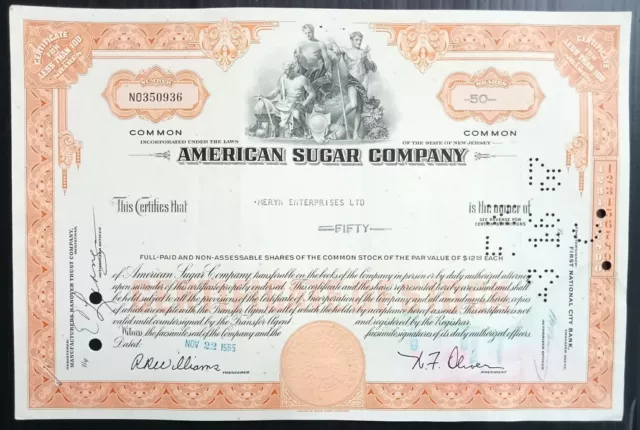 AOP USA 1965 American Sugar Co. 50 shares certificate